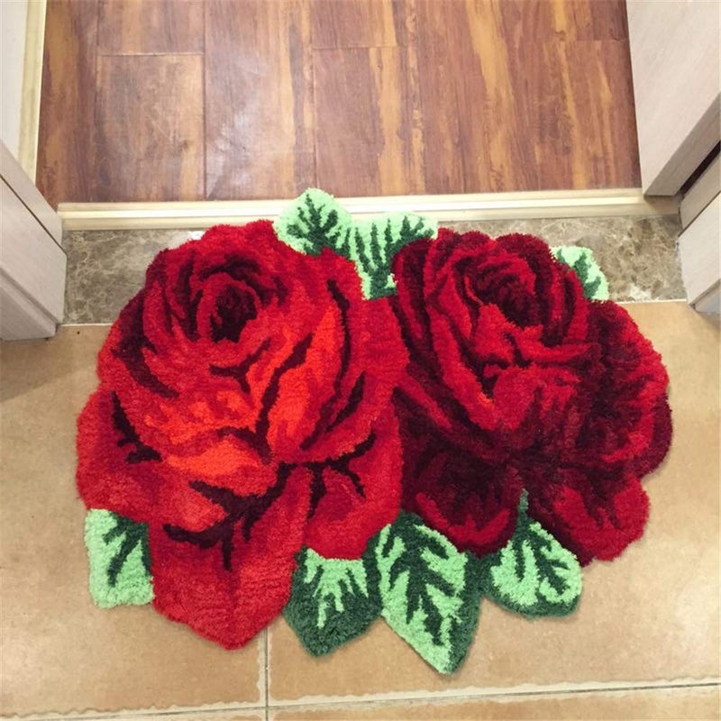 ABREEZE Red Rose Carpet Floral Mat Fluffy Rug Anti-Slip Modern Carpet Washable Rug for Bedroom/Sofa/Bathroom/Kitchen (2 Roses, Red) - Image 2